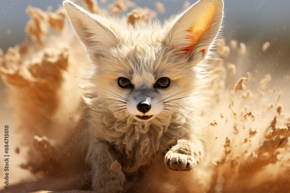 Obraz premium A fennec fox portrayed in a ferocious mirage of abstract forms, blending the desert spirit with an enigmatic and wild presence.