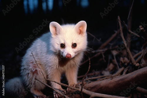 A curious albino raccoon captured mid-investigation, its pale fur standing out against the dark surroundings.