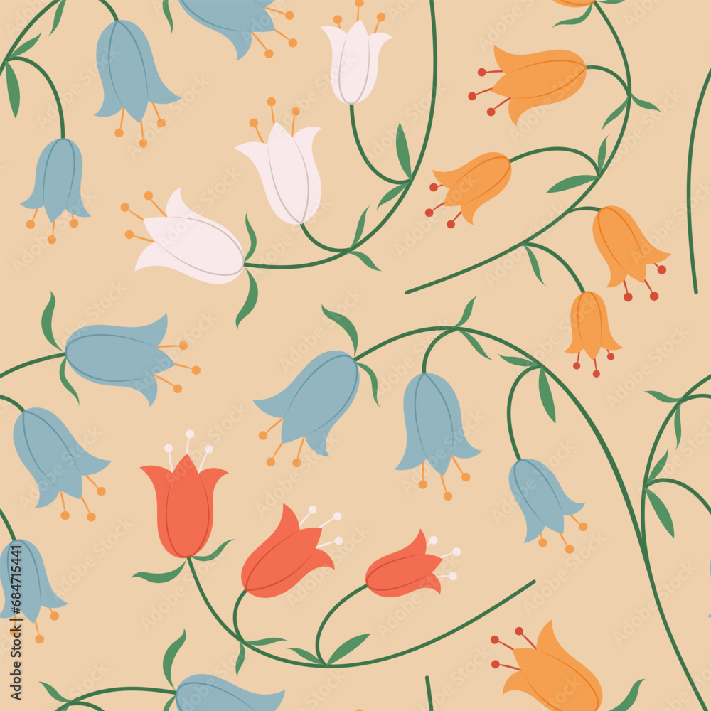Fototapeta premium Hand drawn vector seamless pattern with campanula bellflowers