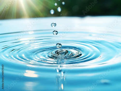 A close-up shot of a water droplet plunging into a serene pool, creating ripples in motion.