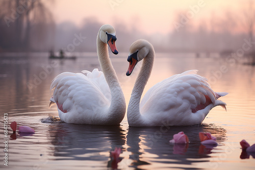 A pair of graceful swans on a soft pink pond, their elegant necks forming an artistic silhouette against the pastel hues.