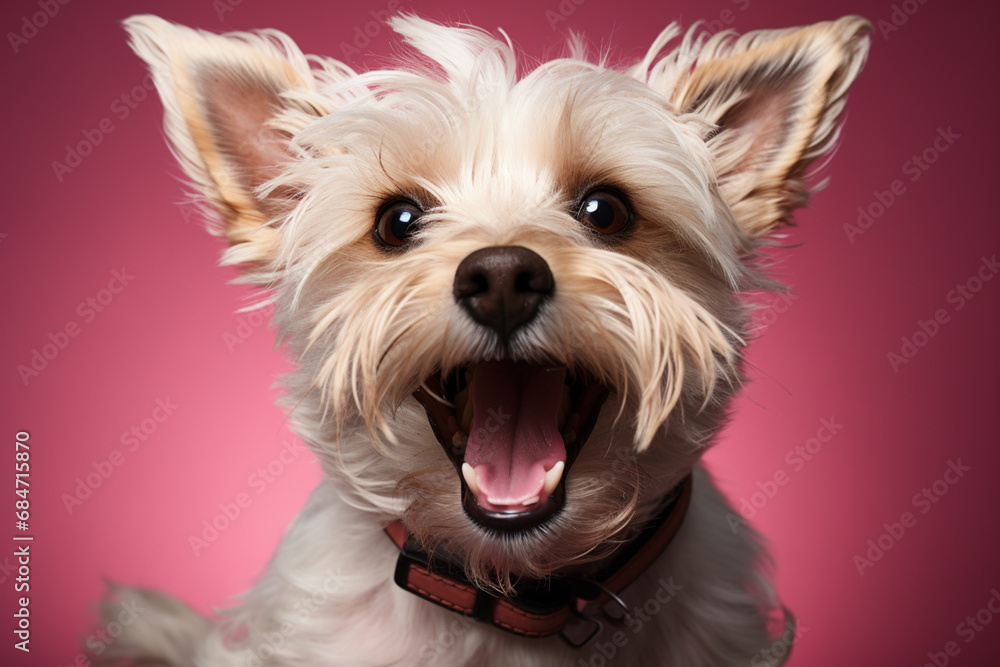 A lively scene of a Jack Russell Terrier caught mid-jump against a pastel pink background, capturing the energy and playfulness of the moment.