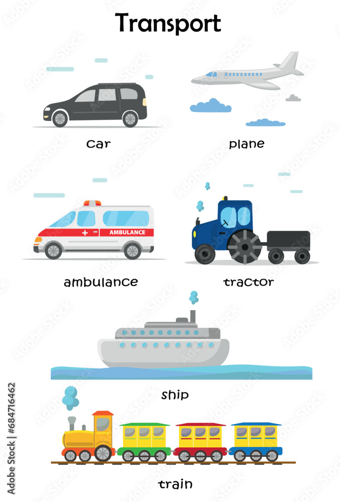 Transport set.  vector flat illustration. Icon design. Suitable for animation, using in web, apps, books, education projects. 