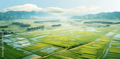 Paddy fields that have started to turn yellow, taken from an aerial view. AI generated image photo