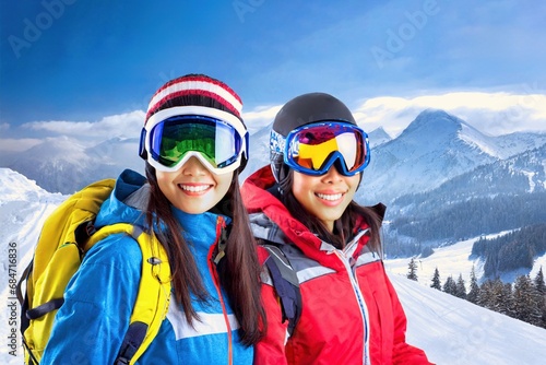 Zwei Asiatinnen beim Ski fahren 