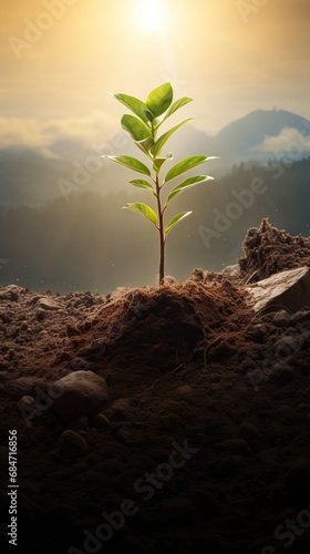 panorama small tree growing with sunrise. green world and earth day concept. AI generated image