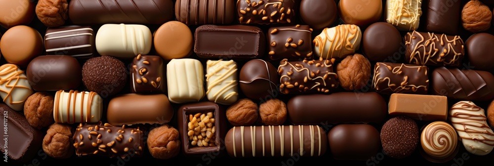 Assorted chocolate candies, top view banner Assorted chocolate candies, top view banner