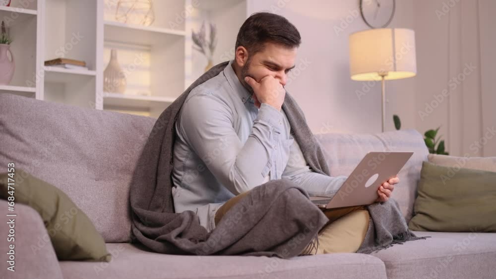 Sad mature man talk with psychotherapist at online distance remote counselling session indoors Depressed male discussing problem with psychological support by laptop computer at home Sad mature man talk with psychotherapist at online distance remote counselling session indoors Depressed male discussing problem with psychological support by laptop computer at home