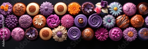 an exquisite collection of chocolate pralines and candies, each intricately designed with various textures and adorned with edible flowers, spirals, and glitter, arranged in a colorful pattern against