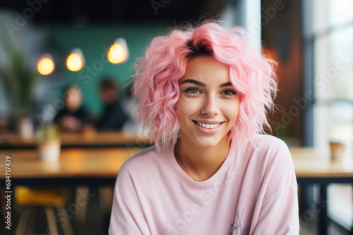 Cheerful young woman with vibrant pink hair in a casual setting.