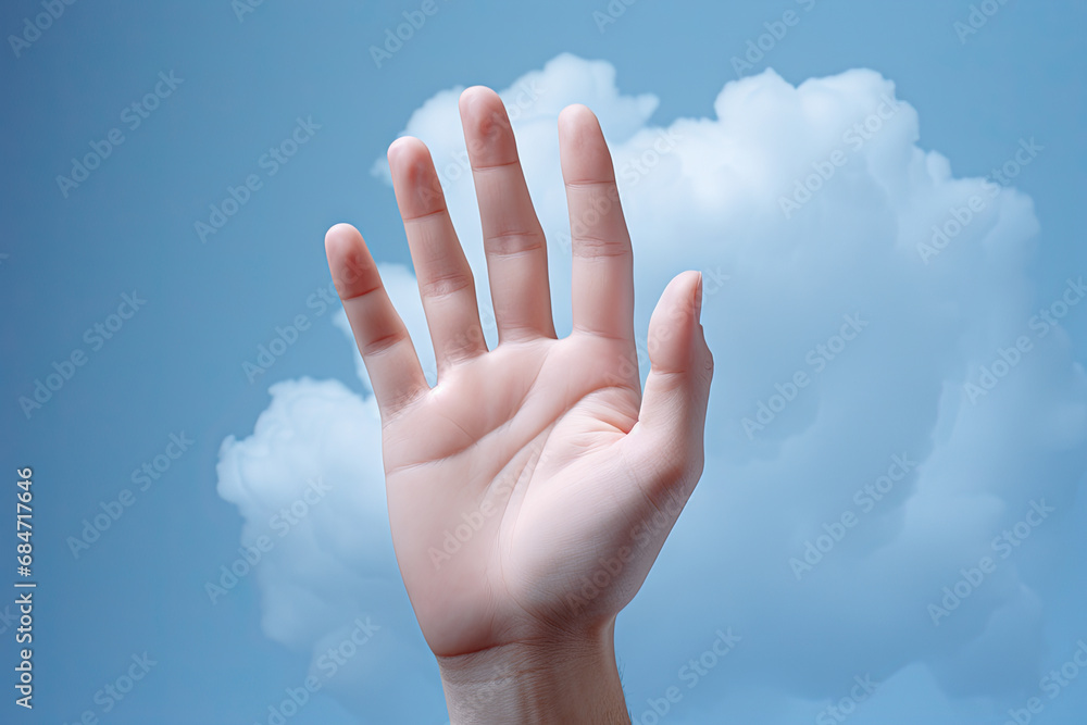 A person's hand reaching up into the sky created with generative AI technology A person's hand reaching up into the sky created with generative AI technology