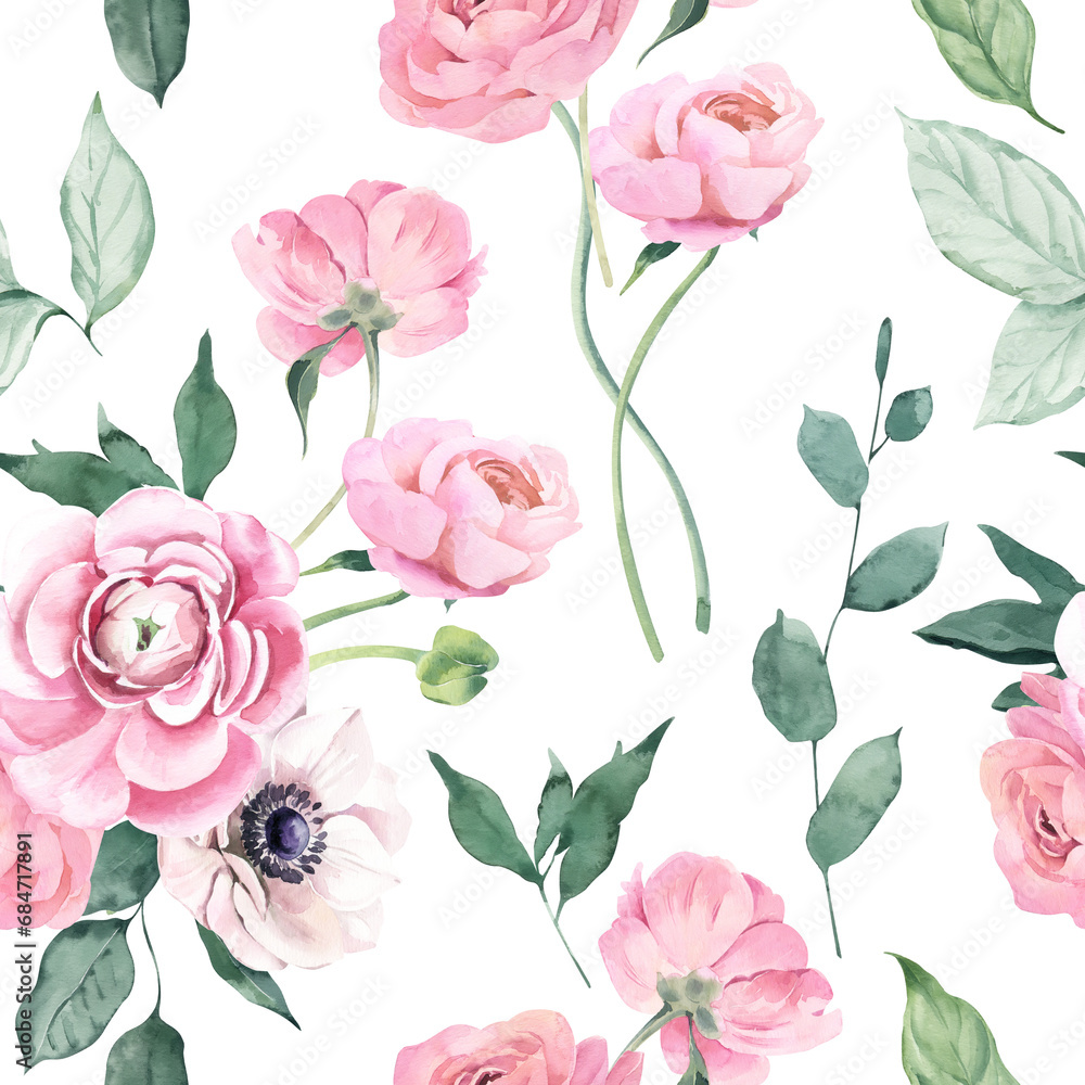 Watercolor Seamless Pattern Background with Ranunculus and Anemones