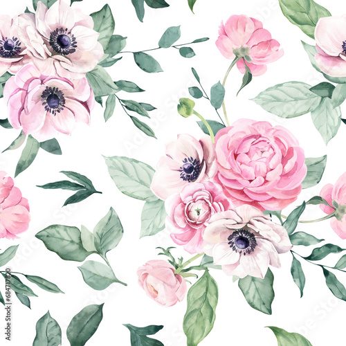 Watercolor Seamless Pattern with Ranunculus and Anemones