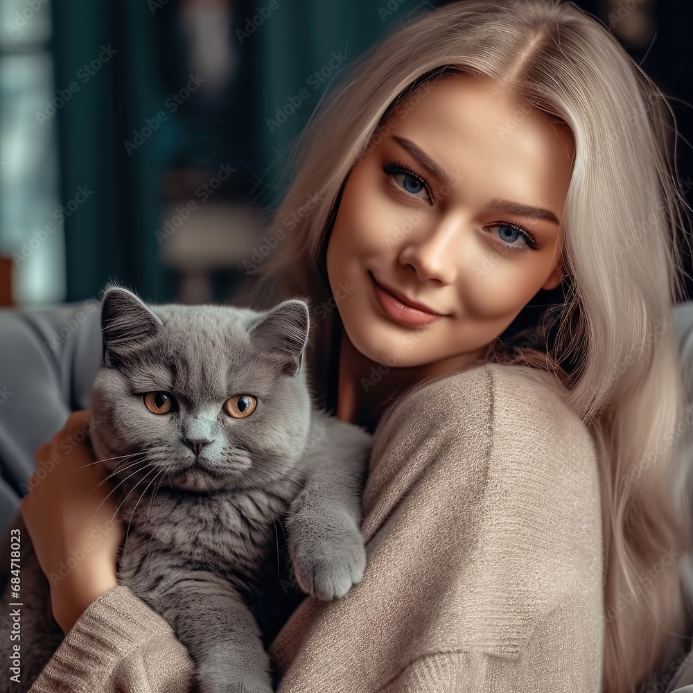 Young woman is holding a gray cat.