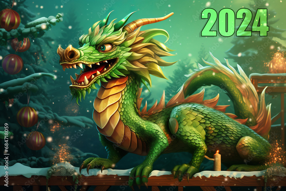 Obraz premium A fabulous green wooden dragon. A cute cartoon green dragon is sitting next to a Christmas tree with gifts. New Year's 2024 card