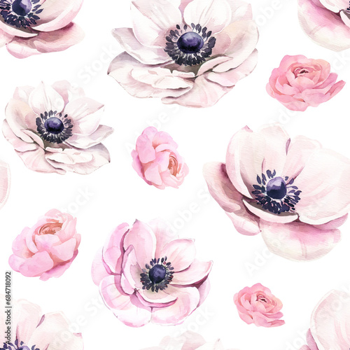 Watercolor Seamless Pattern Background with Ranunculus and Anemones