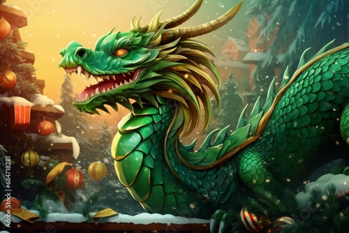 A fabulous cartoon green wooden dragon next to a Christmas tree with gifts. The symbol of the Chinese Asian New Year 2024. © Alena