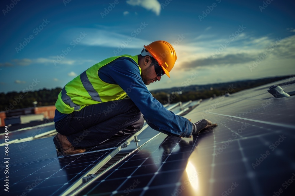 Engineer wearing hard hat installs solar panels on rooftop. Renewable