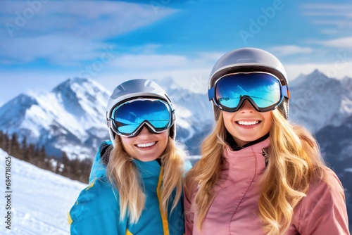 Freundinnen beim Ski fahren im Hintergrund eine Winterlandschaft in den Bergen 