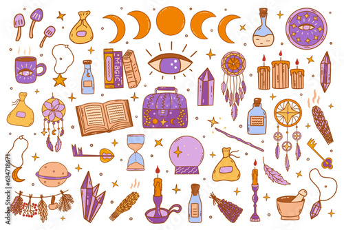 Bright Set of magical elements. Hourglass, books and herbs, dream catcher and candles, magic wand and crystals, third eye. Colorful vector isolated illustration hand drawn doodle collection