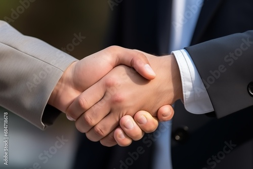 This image captures a close-up view of a professional handshake between two individuals. The focus is on their clasped hands, symbolizing a formal greeting, agreement, or conclusion of a deal. The men