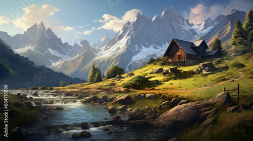 Mountain scenery of a wooden hut