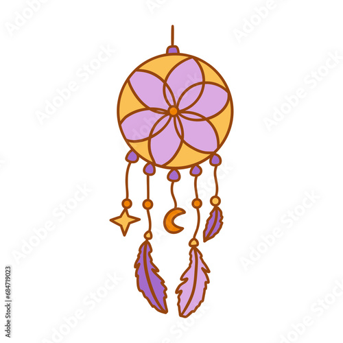 Dreamcatcher with purple feathers, flower, yellow star and orange crescent. Protective amulet against insomnia and nightmares. Colorful vector illustration isolated, ethnic symbol. Hand drawn doodle