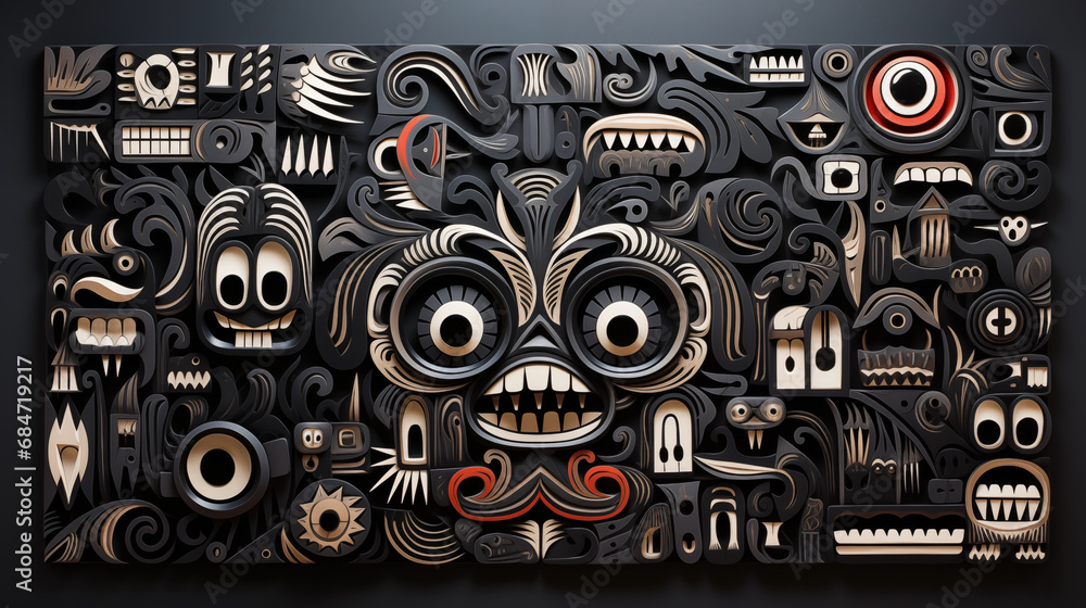 Obraz premium Black, Red and White Abstract Artwork. High contrast Abstract Woodcut art wall.