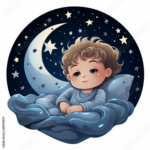Cartoon kid boy sleep at night, wake up at morning.