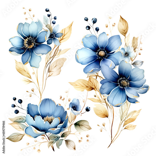 Fototapeta Naklejka Na Ścianę i Meble -  vector set of blue flowers and golden leaf (1)