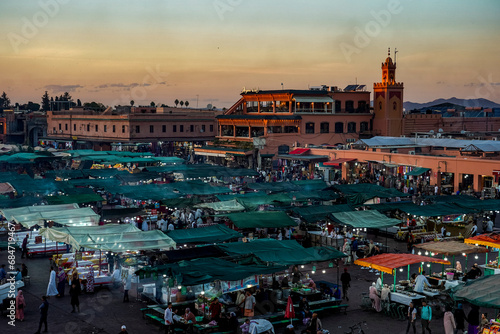 Morocco. Marrakesh. Night activity on Jemaa el Fna Square at sunset