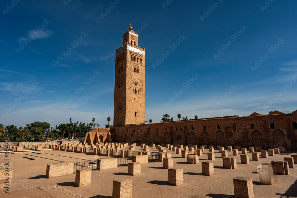 Morocco. Marrakesh. The Koutoubia mosque under a blue sky
