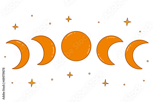 Phases of the moon, from waxing moon, full moon to waning moon. Stars around. Colorful vector isolated illustration hand drawn doodle. Astrological cycle of change