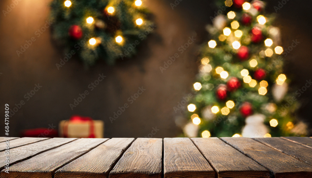 Empty wooden table with Christmas theme in background