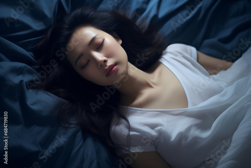 Pretty asian woman sleeping in darkblue bed