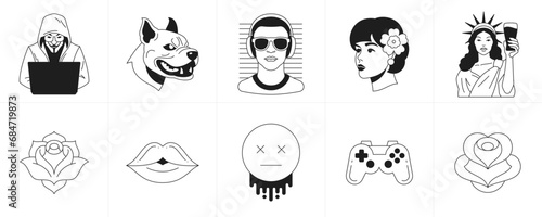 Surreal retro groovy cartoon characters monochrome elements line tattoo icon set vector illustration