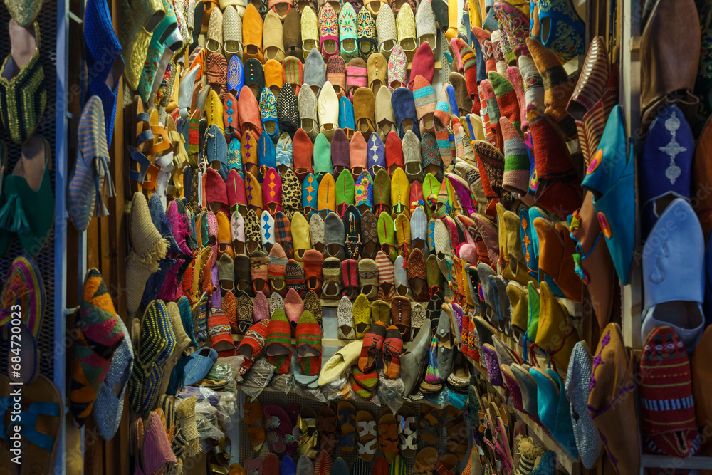 Fototapeta premium Morocco. Marrakesh. Slippers shop in the souks