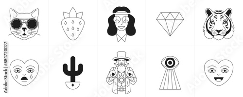 Surreal retro groovy monochrome cartoon characters minimal line icon set vector illustration