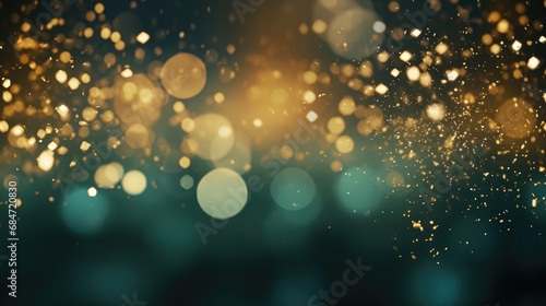 Abstract particle dark green and glow glitter wave and light bokeh background.
