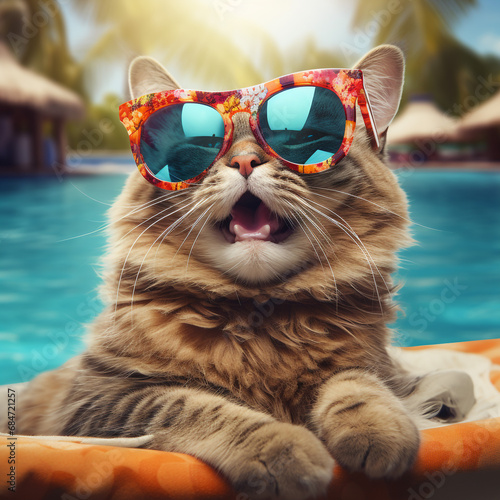 portrait of a cat on a beach wearing sunglasses. Generative AI.