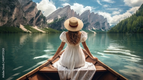 Women wear casual boho hats and clothes. Sit in a boat on the lake with a spectacular mountain and river view. travel concept © Thanaphon