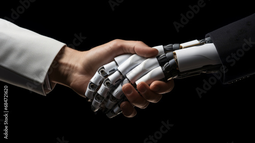 Robot and human handshake Isolated on black background. Human hand and robot hand. Collaboration between human and machine. 