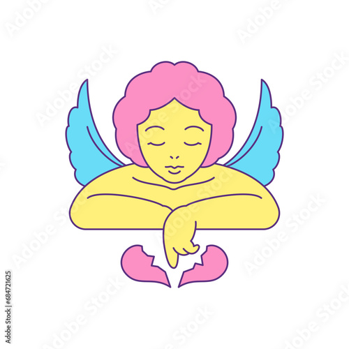 Cute angel with broken heart lost love winged cartoon character groovy style icon vector flat