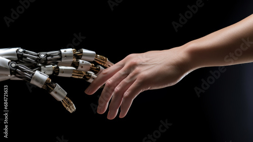 Robot and human handshake Isolated on black background. Human hand and robot hand. Collaboration between human and machine.   © Vladimir