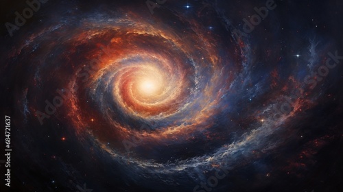 A spiral galaxy painted on a canvas, stars shining brilliantly.