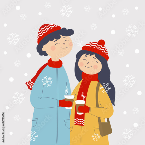 Happy young couple walking and drinking coffee in winter. Vector illustration in flat style