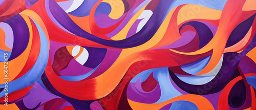 Colorful abstract artwork featuring bold swirls and curves in contrasting hues  exuding a vibrant visual display.