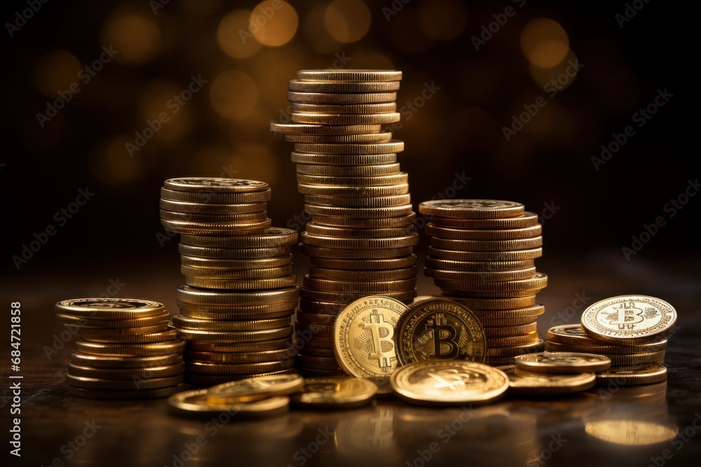 Stacks of golden coins on blurred background. Banking, economy, monetary, investment, finance concept Stacks of golden coins on blurred background. Banking, economy, monetary, investment, finance concept