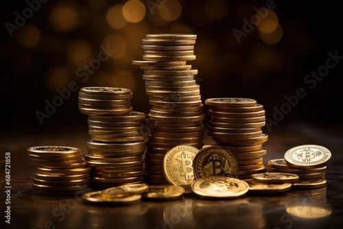 Stacks of golden coins on blurred background. Banking, economy, monetary, investment, finance concept