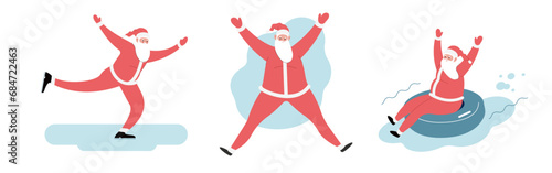Modern flat vector illustration of cheerful Santa Claus ice skating, jumping, sliding down on snow tubbing, wearing red clothes, xmas activity on white background